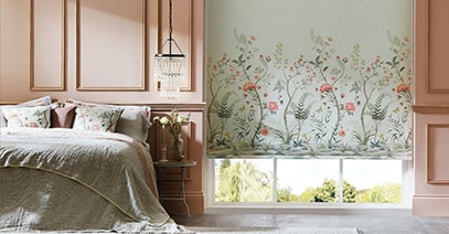 roller blind in a kitchen with a cat in front of it